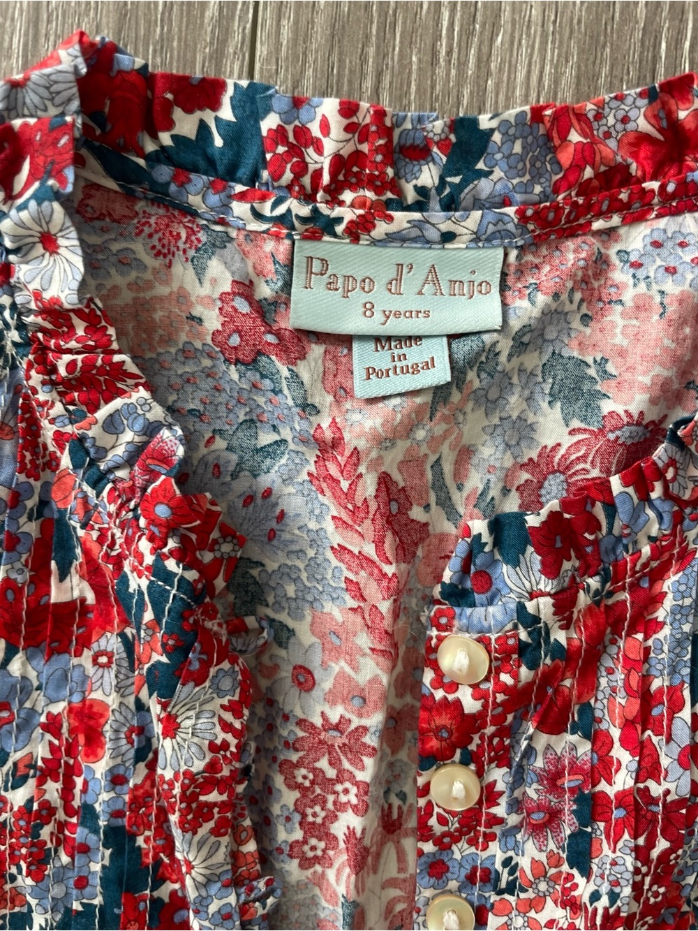 Papo d'Anjo Liberty Red, Blue & White Floral Ruffled Button Top